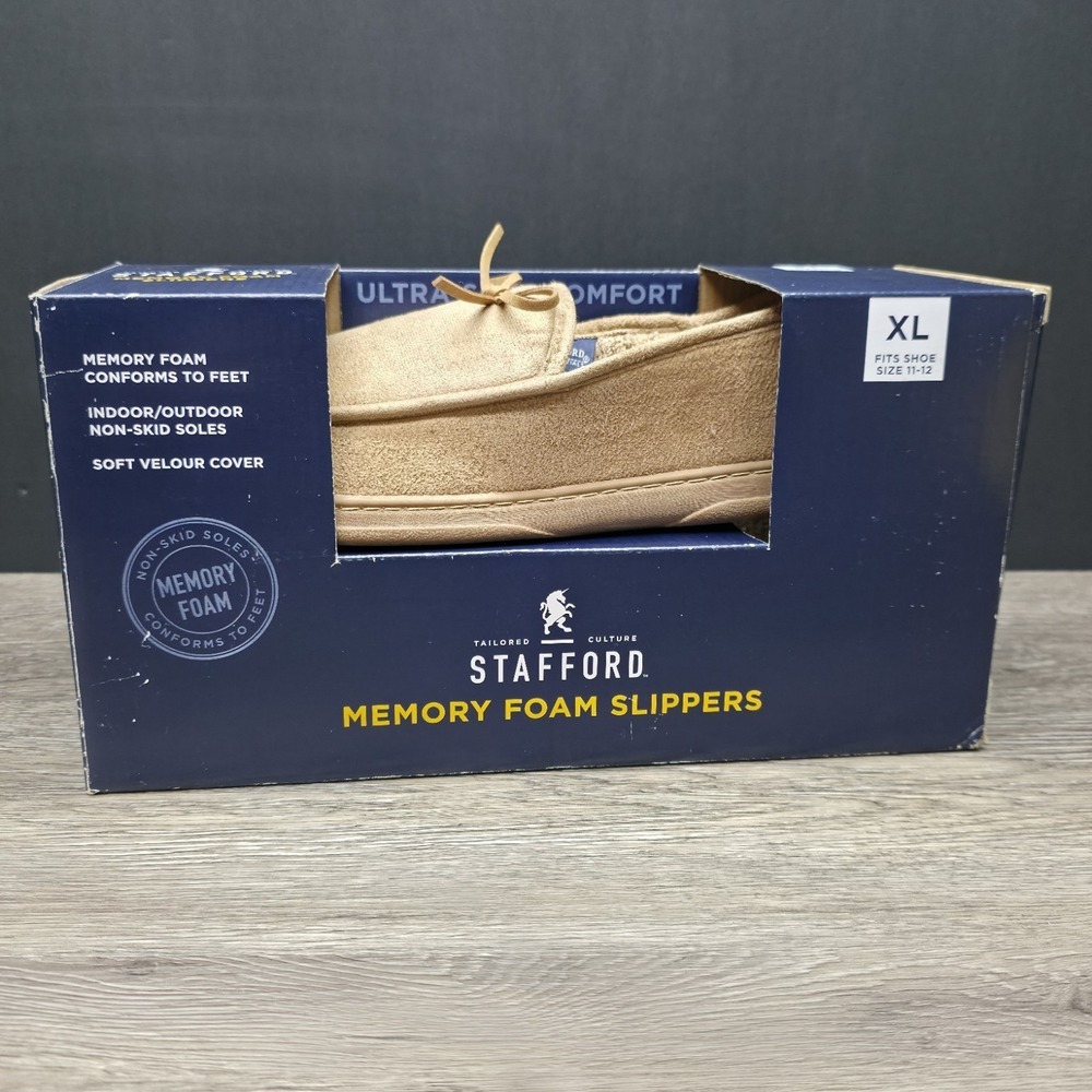 Stafford Men's Tan Memory Foam Slippers Size XL 11-12 New Slip On Loungewear
